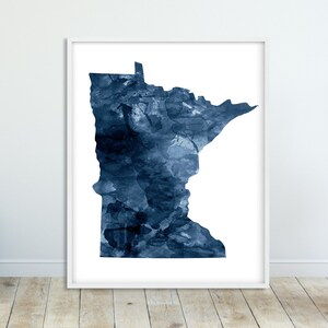 Impression de carte de l’État du Minnesota, silhouette de carte du Minnesota aquarelle bleu marine, art mural moderne, affiche d’état des États-Unis, art imprimable de décor de bureau à domicile