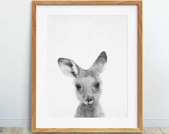 Impression de kangourou, art mural animal de pépinière, bébés animaux, décor de pépinière noir et blanc, animaux marsupiaux australiens, art imprimable de chambre d'enfant