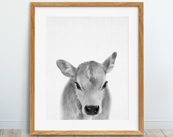 Calf Print, Baby Cow, Nursery Farm Animal Wall Art, Black And White Animal Print, Nursery Animals, Kids Room Decor, Digital Printable Art