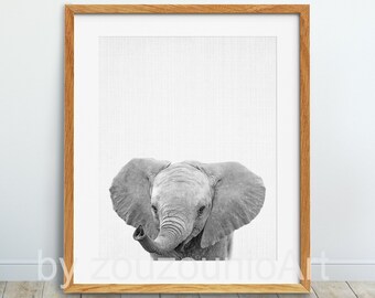 Impresión de elefante, arte de pared de animales bebés, animal africano safari, foto de elefante bebé, impresión de animales de guardería blanco negro, arte imprimible de la habitación de los niños
