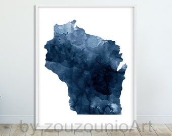 Wisconsin State Map Print, Wisconsin Map Navy Blue White Watercolor, Modern Wall Art, USA State Poster, Home Office Decor, Digital Printable