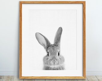 Impresión de conejo, arte de pared de animales de guardería, cartel de animales del bosque, impresiones de animales blancos negros, impresión de conejito, decoración de la habitación de los niños, imprimible digital