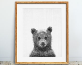 Bear Cub Print, Bear Cub Poster, Woodlands Nursery Decor, Black White Animal Print, Kids Room Decor, Nursery Animals, Digital Printable Art