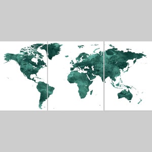 Impresión de acuarela de mapa del mundo, juego de 3 mapas del mundo, pintura de acuarela verde esmeralda, tríptico de mapa del mundo, póster de descarga instantánea, arte imprimible