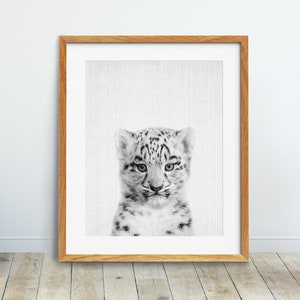 Snow Leopard Print, Nursery Animal Decor, Cub Leopard Print, Mountain Animal Print, Black White Prints, Baby Animal, Kids Room Printable Art