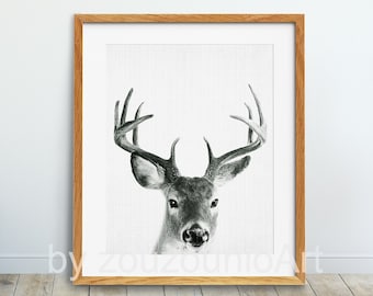 Deer Print, Woodlands Decor, Nursery Wall Art, Animal Print, Black And White, Deer Antlers Print, Home Decor, Kids Room Decor, Printable Art