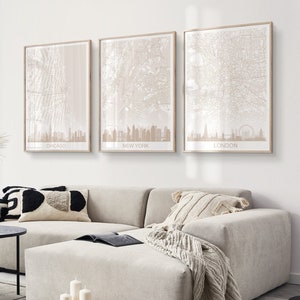 Stadt Skyline Karte Beige Weiß 3er Set Kunstdrucke, Stadtbild Karte Wandkunst Set 3 Poster, Neutrale Beige Wandkunst, Wanddeko für Zuhause druckbar