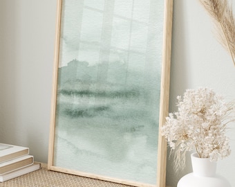 Impressão abstrata em aquarela de paisagem, minimalista, verde sálvia, pintura em aquarela, arte de parede moderna e neutra, decoração para casa e escritório, arte para imprimir.