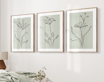 Neutrale Wandkunst, Set 3 Salbeigrüne Pflanzendrucke, botanische Linie Kunst, minimalistisch, modernes Schlafzimmer Wohnzimmer Wanddekor, druckbare Kunst