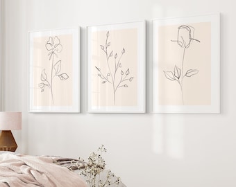 Impresiones de arte de pared de rubor neutro, conjunto de 3 impresiones de plantas beige, arte de línea botánica, minimalista, decoración de pared de sala de estar de dormitorio moderno, arte imprimible