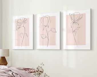 Neutral Blush Wall Art Prints, Set 3 Pink Plant Print, Botanical Line Art, Minimalist, Modern Bedroom Living Room Wall Decor, Printable Art