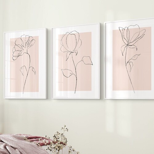 Pink Wall Art Prints Botanical Line Art Set of 3 Plant Wall - Etsy