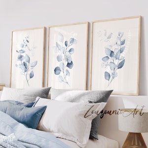 Watercolor Blue Eucalyptus Prints, Botanical Set of 3 Prints, Neutral Botanical Wall Art, Minimalist Bedroom, Living Room Wall Decor