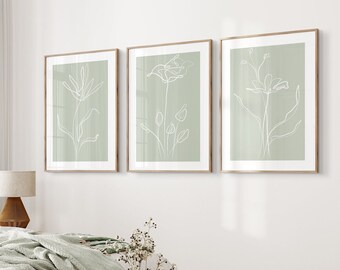 Green Wall Art Prints, Set 3 Sage Green Plant Prints, Botanical Line Art, Minimalist, Modern Bedroom Living Room Wall Decor, Printable Art