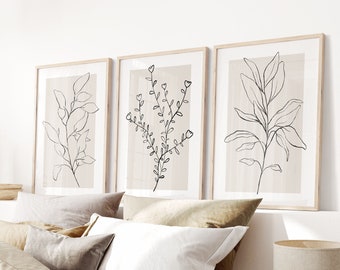 Conjunto de arte de pared neutral de 3 impresiones, impresiones de arte de plantas beige, arte de pared de línea botánica, minimalista, decoración de pared de sala de estar de dormitorio moderno neutro