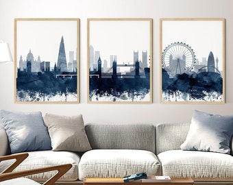 London Skyline Set of 3 Print, London Triptych Watercolor Navy Blue, London UK Cityscape Poster, Modern Wall Art, Home Decor Printable Art