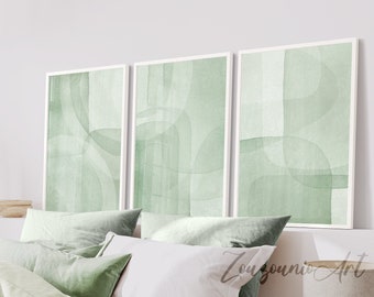 Impresiones de arte de pared verde salvia, conjunto de acuarela abstracta 3 impresiones, arte de pared verde, minimalista moderno, dormitorio, decoración de pared de sala de estar imprimible
