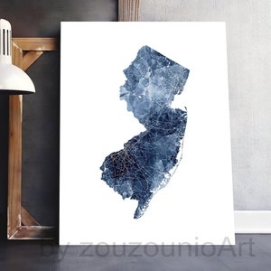 Impression de carte de l'État du New Jersey, Silhouette aquarelle du New Jersey, art mural moderne bleu marine, affiche de l'État des États-Unis, décoration d'intérieur, impression numérique