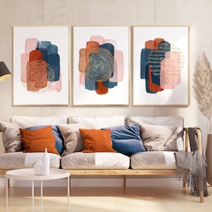Boho Set of 3 Prints, Living Room Wall Art, Abstract, Minimalist, Blue And Rust Orange Wall Art, Terracotta, Neutral Print Set Printable Art