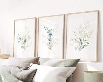 Watercolor Green Gold Eucalyptus Prints, Botanical Set of 3 Prints, Botanical Wall Art, Minimalist, Modern Bedroom, Living Room Wall Decor