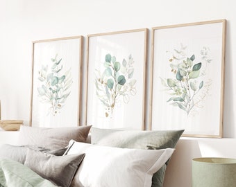 Botanical Set of 3 Prints, Watercolor Green Gold Eucalyptus Prints, Botanical Wall Art, Minimalist, Modern Bedroom, Living Room Wall Decor