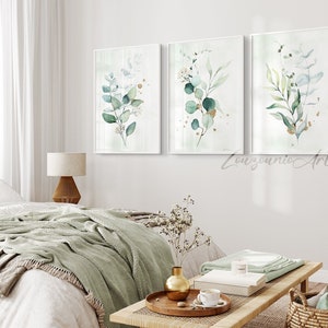 Watercolor Sage Green Eucalyptus Prints, Botanical Set of 3 Prints, Botanical Wall Art, Minimalist, Modern Bedroom, Living Room Wall Decor