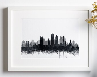 Boston Wall Art Print, Boston Skyline Neutral Wall Art, Black White Abstract Watercolor Cityscape Print, Home Office Decor, Modern Printable
