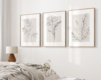 Impresiones de arte de pared neutral, Set 3 impresiones de plantas beige, arte de línea botánica, minimalista, decoración de pared de sala de estar de dormitorio moderno, descarga instantánea