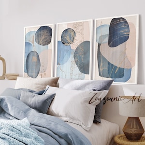 Ensemble de 3 estampes abstraites, art mural bleu marine, art abstrait aquarelle or beige bleu, décor minimaliste de mur de salon de chambre à coucher, imprimable