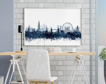 London Skyline Print, Abstract Watercolor Navy Blue, London England Cityscape, Minimalist, Modern Wall Art, Home Office Decor, Printable Art