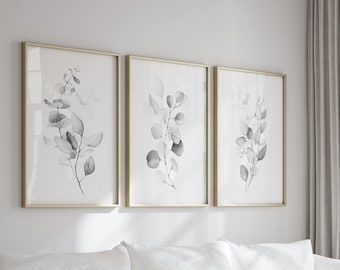 Stampe di eucalipto bianco nero acquerello, set botanico di 3 stampe, arte murale botanica neutra, camera da letto minimalista, decorazione della parete del soggiorno