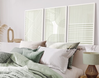 Set of 3 Abstract Wall Art Prints, Abstract Geometric Prints, Sage Green Bedroom Wall Decor, Living Room Neutral Green Wall Art, Printable