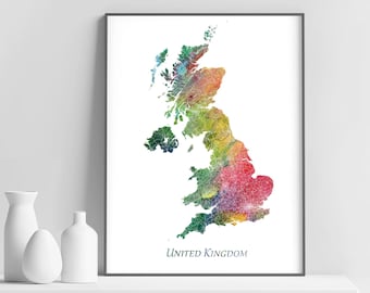 May include: A watercolour map of the United Kingdom with a colourful, abstract design. The map is framed and the text "UNITED KINGDOM" is printed below the map.