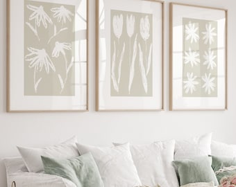 Beige White Bedroom Wall Art Prints, Abstract Botanical Beige White Set of 3 Prints, Bedroom Wall Decor, Neutral Beige Wall Decor Printable