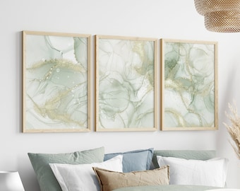 Sage Green Wall Art Prints, Marble Wall Prints, Abstract Set of 3 Prints, Bedroom Wall Decor, Sage Green Gold Wall Decor, Printable Wall Art