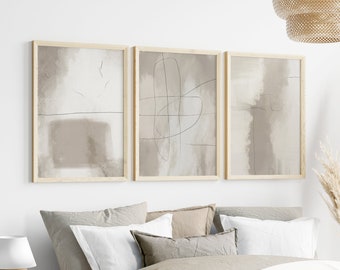 Minimalist Abstract Line Art, Printable Set of 3 Prints, Neutral Brush Stroke Art, Beige Gray and White Wall Art, Modern, Simple Neutral Art