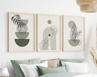Boho Abstract Wall Art Prints, Set of 3 Posters, Boho Wall Decor, Green Wall Prints, Sage Green, Black, Mid Century, Neutral Home Wall Decor
