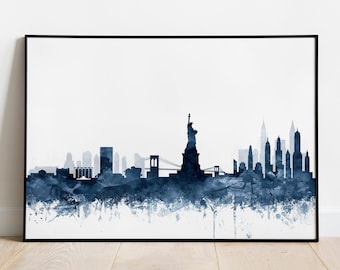 New York Print, New York City Skyline, New York Wall Art, Navy Blue White Watercolor NYC, Modern Wall Art, Home Office Decor, Printable Art