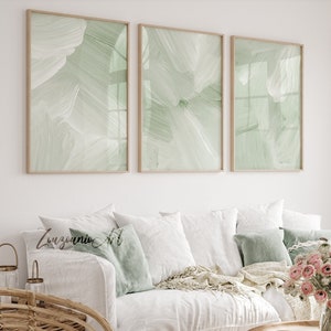Neutral Sage Green Wall Art Set of 3, Abstract Minimalist, Brushstrokes Sage Green White Set of 3 Prints, Bedroom Wall Decor, Printable Art