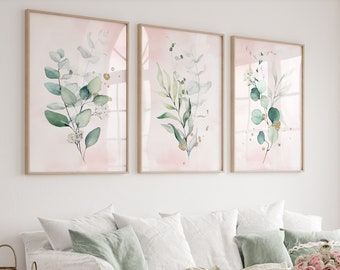 Botanical Set of 3 Prints, Watercolor Green Gold Eucalyptus Prints, Botanical Wall Art, Minimalist, Modern Bedroom, Living Room Wall Decor