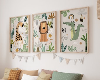 Boho Nursery Prints Set of 3, Safari Nursery, Green Nursery Print, Neutral Beige Nursery Wall Art, Kids Room Decor, Printable Art
