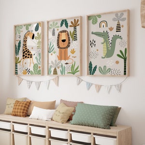 Boho Nursery Wall Art Prints Set of 3, Safari Nursery Prints, Green Nursery Prints, Neutral Nursery Wall Art, Kids Room Decor Printable Art