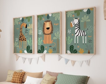 Safari kwekerij muur prints, Boho kwekerij prints, set van 3 prints, groene kwekerij prints, Boho kwekerij kunst aan de muur, kinderkamer decor afdrukbare kunst
