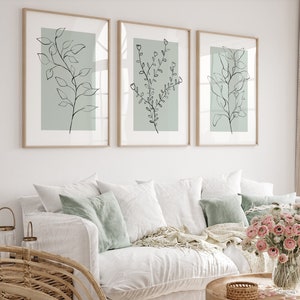 Sage Green Wall Art Prints, Neutral Set of 3 Plant Prints, Botanical Line Art, Minimalist, Modern Bedroom Living Room Wall Decor, Printable