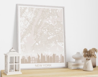 New York Map Skyline Print, Neutral Beige Skyline Map, Cityscape Street Map Wall Decor, Modern Wall Art, Home Office Decor Digital Printable