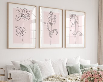 Neutral Pink Wall Art Prints, Set 3 Pink Blush Plant Print, Botanical Line Art, Minimalist, Modern Bedroom Living Room Wall Decor, Printable