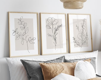 Impresiones de arte de pared neutral, Set 3 impresiones de plantas beige, arte de línea botánica, minimalista, decoración de pared de sala de estar de dormitorio moderno, descarga instantánea