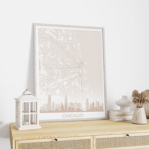 Chicago Map Skyline Print, Mapa del horizonte beige neutro, Paisaje urbano Callejero Decoración de pared, Arte mural moderno, Decoración de oficina en casa Imprimible digitalmente