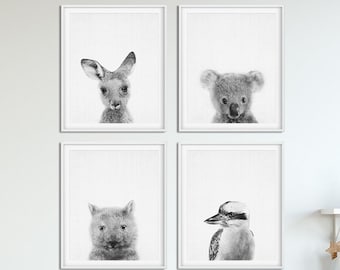 Australian Animals Print, Black White Baby Animals Set of 4, Koala, Kangourou, Wombat, Kookaburra, Nursery Animals Art, Kids Room Printable