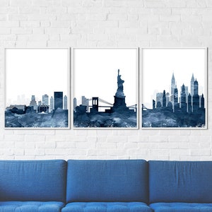 New York City Print, New York Skyline Set of 3, New York Navy Blue Watercolor Cityscape, New York, Modern Wall Art, Home Decor Printable Art